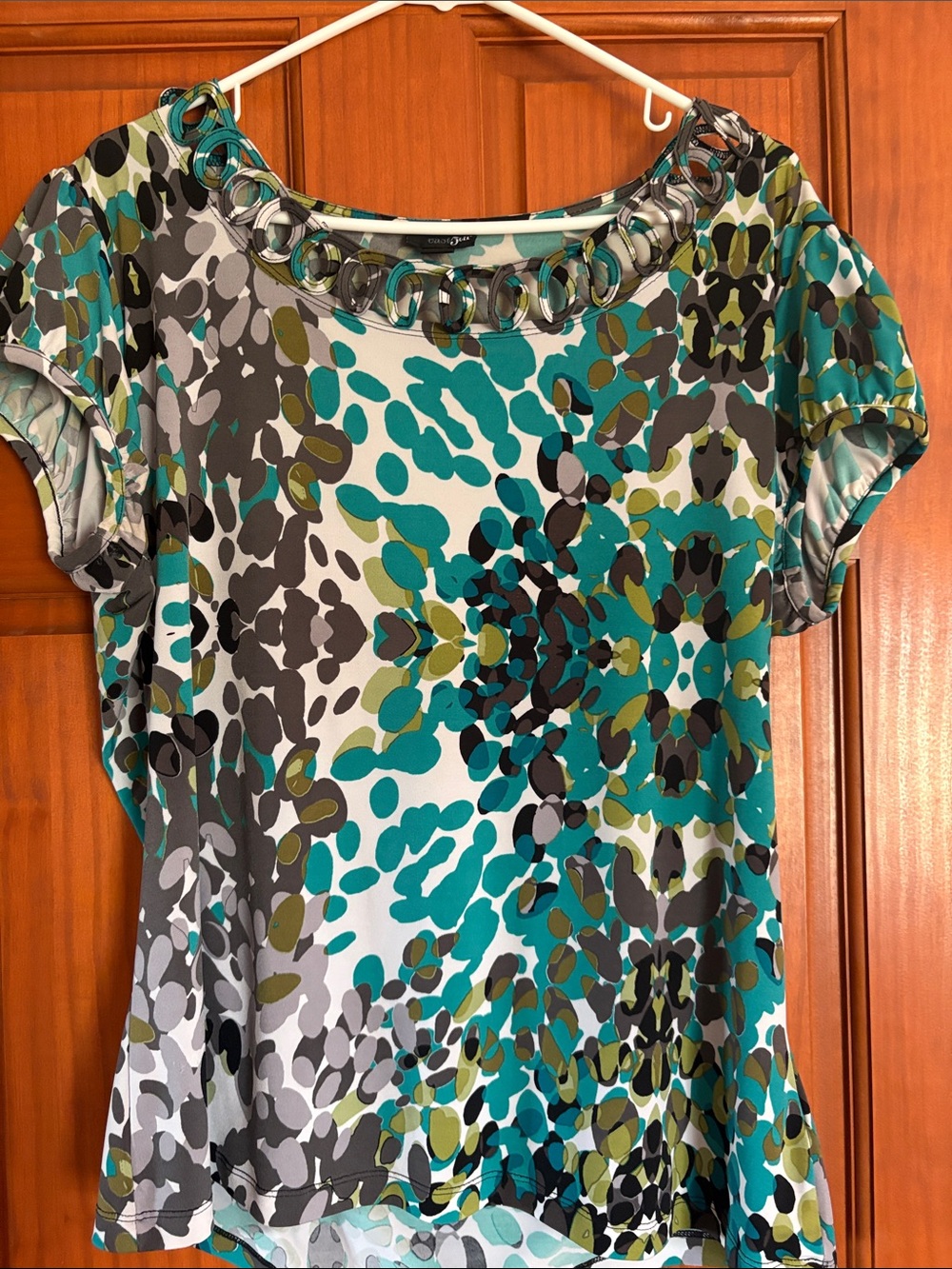 East 5th Teal, Olive & Gray Short Sleeve Top with Ring-Detail Neckline